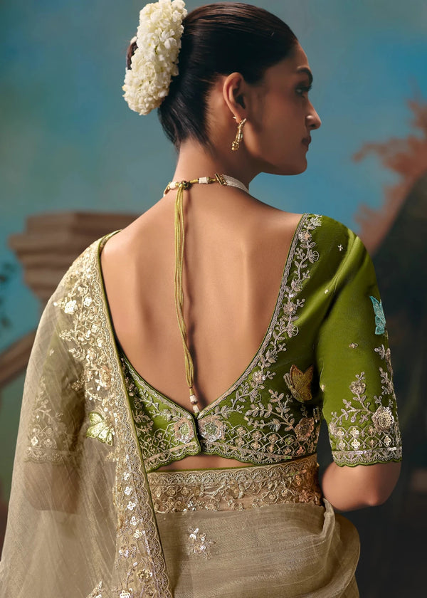Sand Beige Organza Silk Saree with Olive Green Contrast Blouse