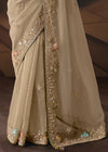 Sand Beige Organza Silk Saree with Olive Green Contrast Blouse