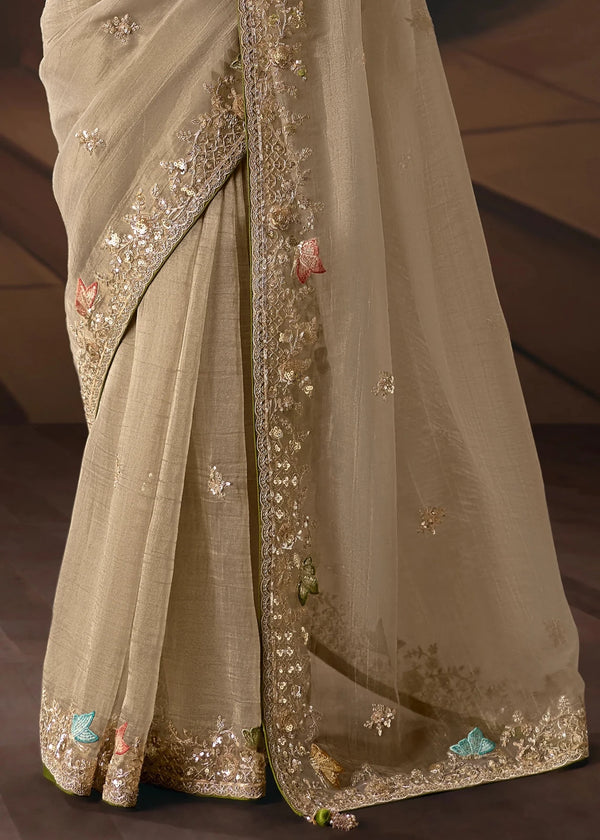 Sand Beige Organza Silk Saree with Olive Green Contrast Blouse