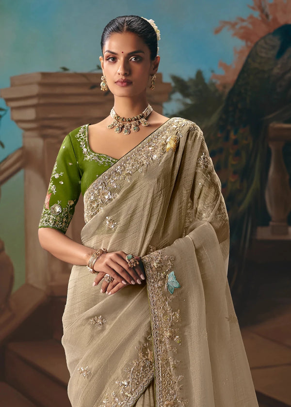 Sand Beige Organza Silk Saree with Olive Green Contrast Blouse