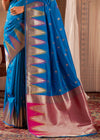 Sapphire Blue Woven Banarasi Saree With Temple Border