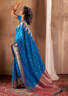 Sapphire Blue Woven Banarasi Saree With Temple Border