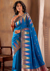 Sapphire Blue Woven Banarasi Saree With Temple Border