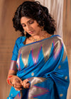 Sapphire Blue Woven Banarasi Saree With Temple Border