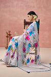 Sea Blue and White Brasso Organza Printed Saree