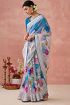 Sea Blue and White Brasso Organza Printed Saree