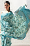 Sea Green and Aqua Blue Banarasi Digital Printed Saree