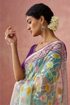 Sea Green And Lavender Brasso Organza Printed Saree