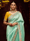 Sea Green Banarasi Designer Silk Saree With Contrast Blouse