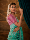 Sea Green Banarasi Organza Silk Saree With Contrast Blouse