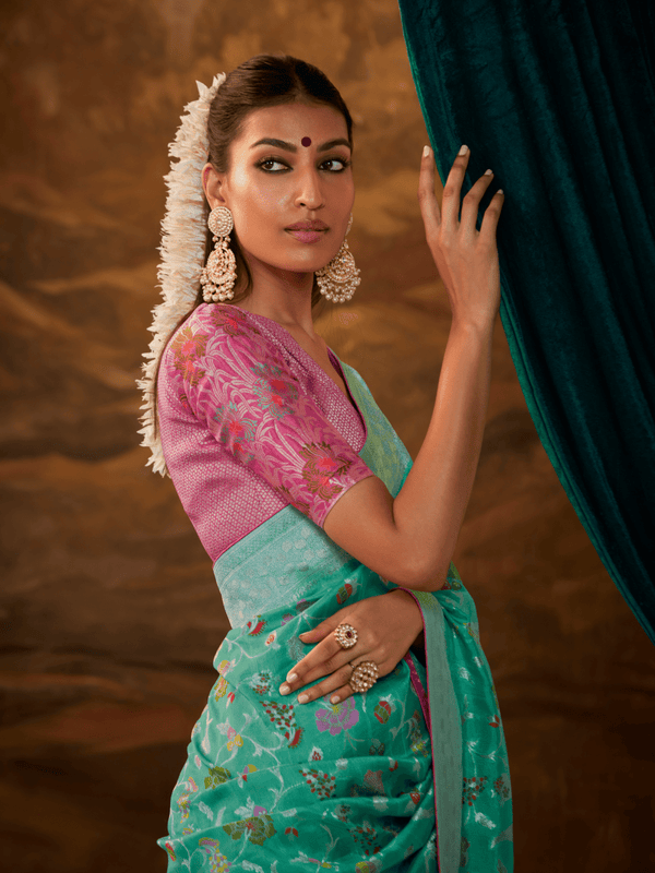 Sea Green Banarasi Organza Silk Saree With Contrast Blouse