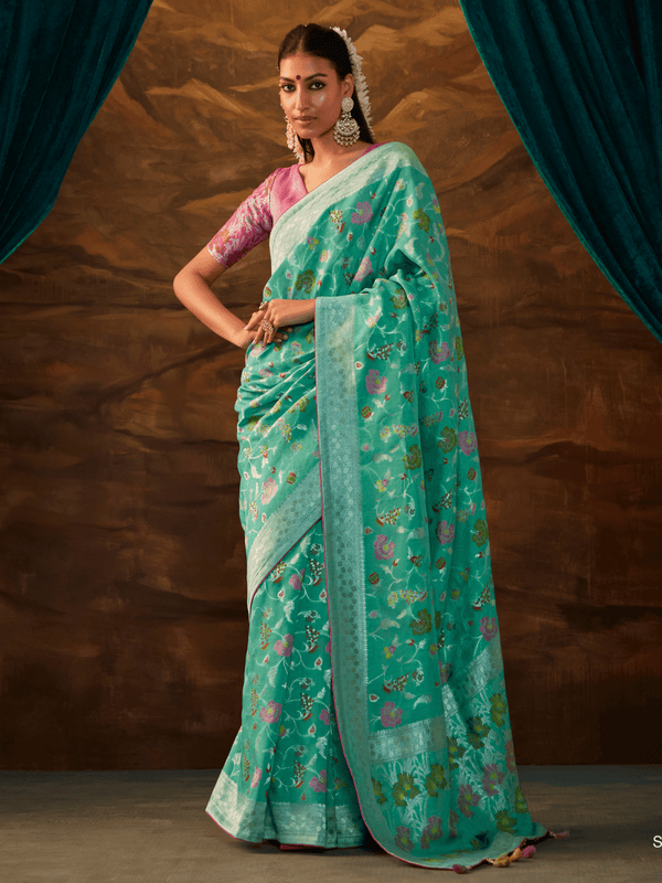 Sea Green Banarasi Organza Silk Saree With Contrast Blouse