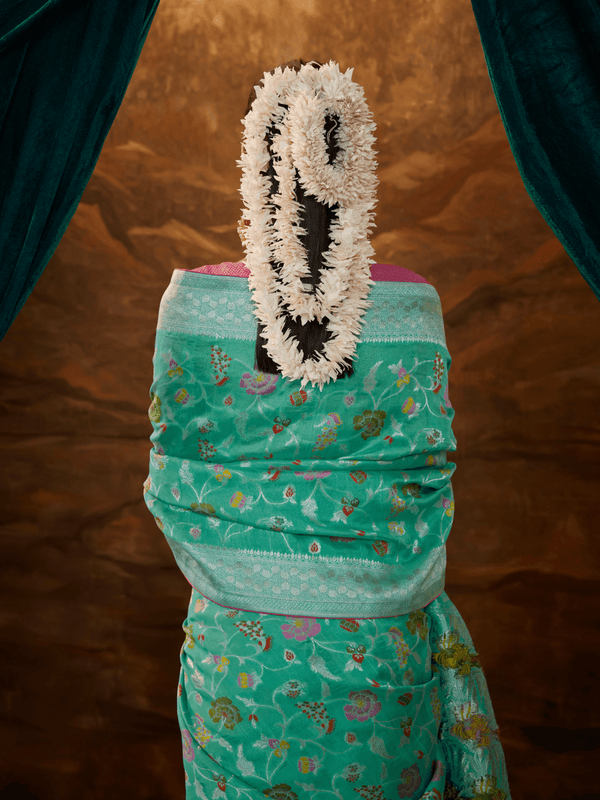 Sea Green Banarasi Organza Silk Saree With Contrast Blouse