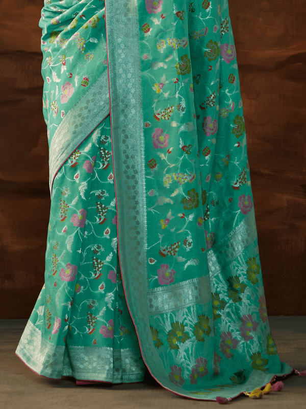 Sea Green Banarasi Organza Silk Saree With Contrast Blouse