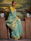 Sea Green Banarasi Satin Silk Saree With Contrast Blouse