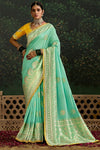 Sea Green Designer Banarasi Dola Silk Saree With Golden Zari Work