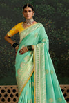 Sea Green Designer Banarasi Dola Silk Saree With Golden Zari Work