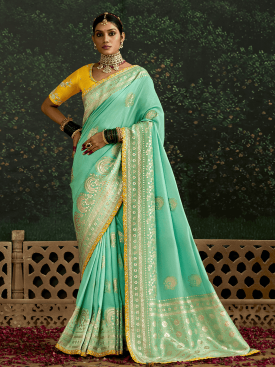 Sea Green Designer Banarasi Dola Silk Saree With Golden Zari Work