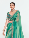 Sea Green Designer Organza Silk Saree With Contrast Blouse
