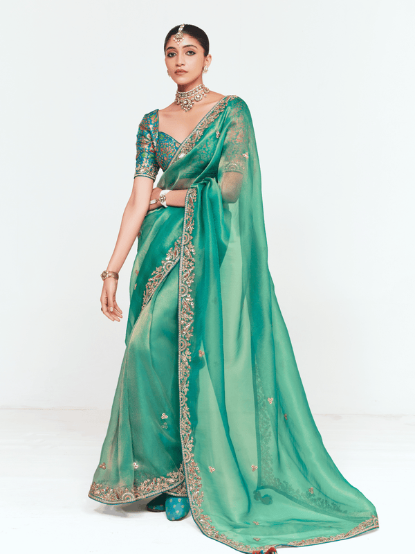 Sea Green Designer Organza Silk Saree With Contrast Blouse