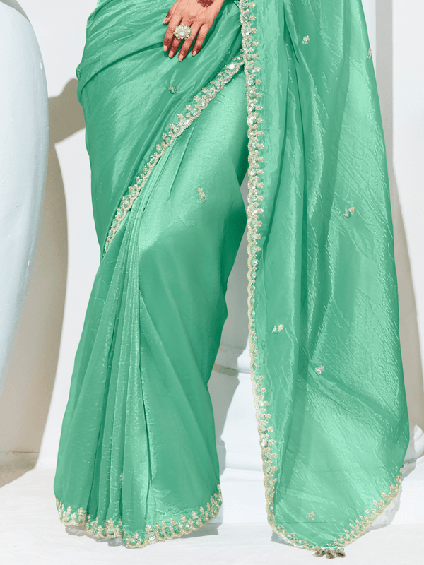 Sea Green Embroidered Designer Organza Silk Saree