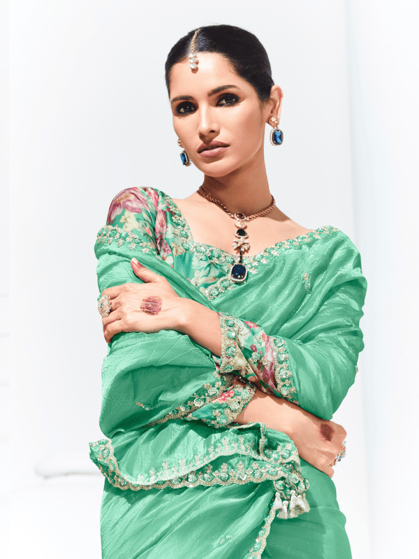 Sea Green Embroidered Designer Organza Silk Saree