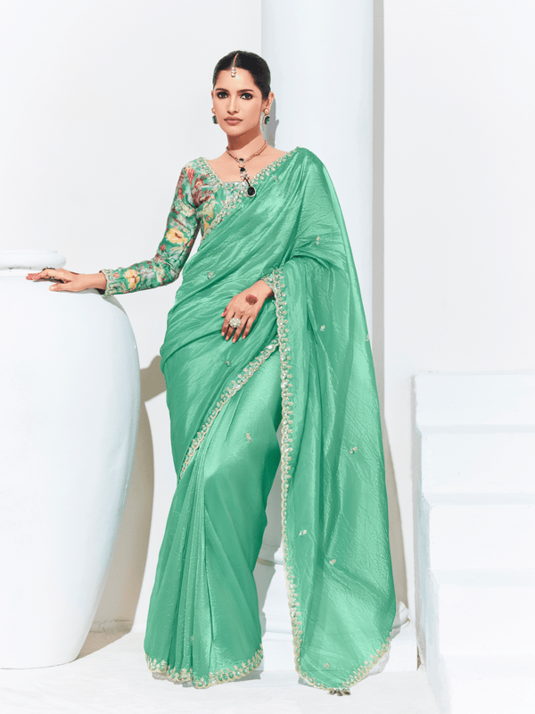 Sea Green Embroidered Designer Organza Silk Saree