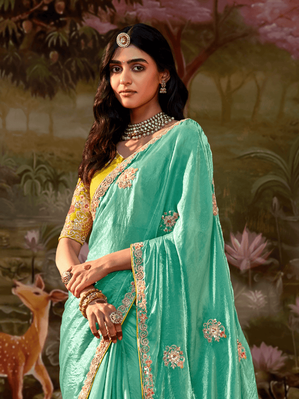 Sea Green Embroidered Designer Organza Silk Saree With Contrast Blouse