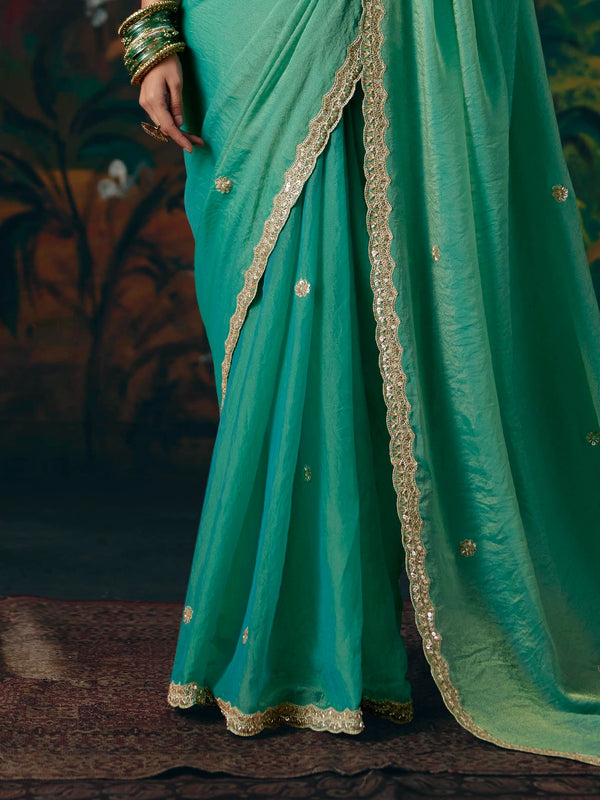 Sea Green Embroidered Designer Satin Silk Saree, border and drape