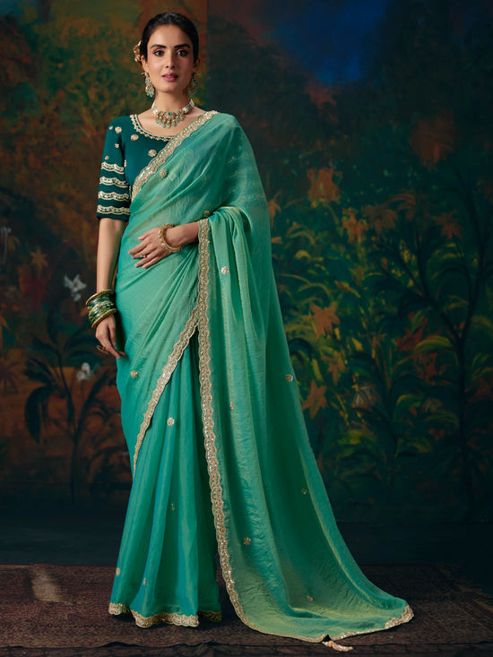 Sea Green Embroidered Designer Satin Silk Saree With Contrast Blouse