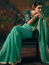 Sea Green Embroidered Designer Satin Silk Saree With Contrast Blouse