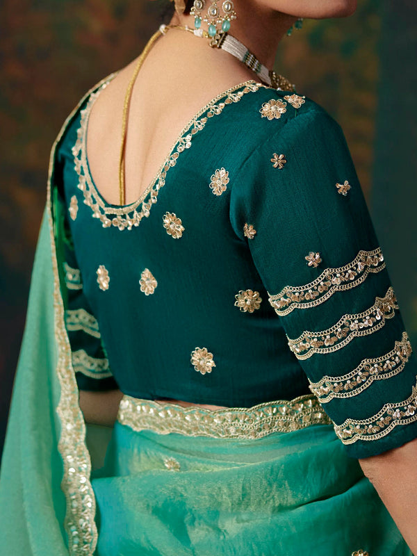 Sea Green Embroidered Designer Satin Silk Saree, back view