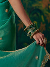 Sea Green Embroidered Designer Satin Silk Saree, fabric close-up
