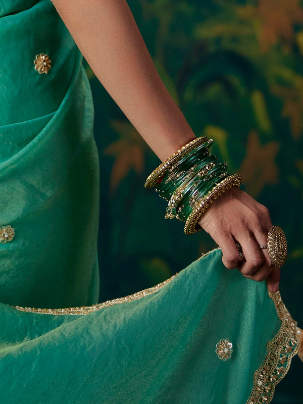 Sea Green Embroidered Designer Satin Silk Saree, fabric close-up