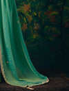 Sea Green Embroidered Designer Satin Silk Saree, pallu detail