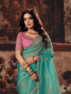 Sea Green Embroidered Designer Tissue Silk Saree With Contrast Blouse