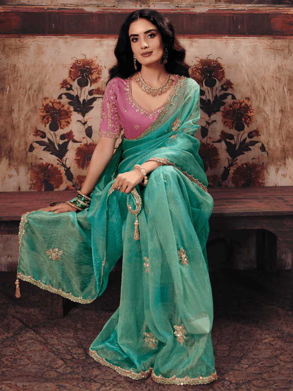 Sea Green Embroidered Designer Tissue Silk Saree With Contrast Blouse