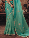Sea Green Embroidered Designer Tissue Silk Saree With Contrast Blouse