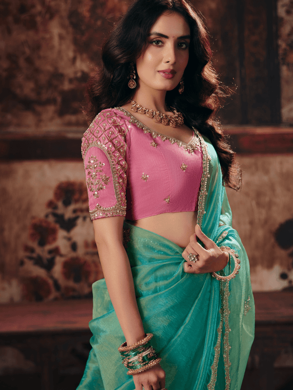 Sea Green Embroidered Designer Tissue Silk Saree With Contrast Blouse
