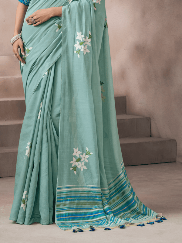 Sea Green Jamdani Cotton Silk Saree With Contrast Blouse