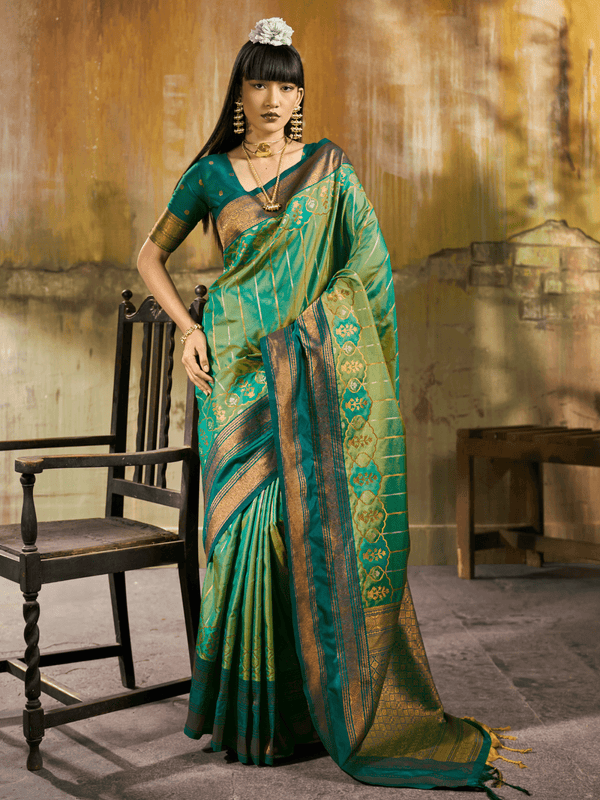 Sea Green Kanjivaram Silk Saree With Contrast Blouse
