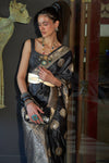 Shiny Black Banarasi Woven Satin Silk Saree