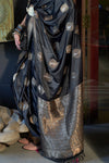 Shiny Black Banarasi Woven Satin Silk Saree