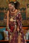 Shiny Brown Tanchoi Handloom Weaving Satin Saree