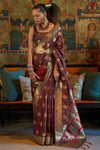 Shiny Brown Tanchoi Handloom Weaving Satin Saree