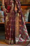 Shiny Brown Tanchoi Handloom Weaving Satin Saree