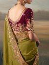 Olive Green Embroidered Designer Organza Silk Saree With Contrast Blouse