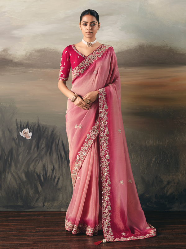 Pink Embroidered Designer Organza Silk Saree With Contrast Blouse