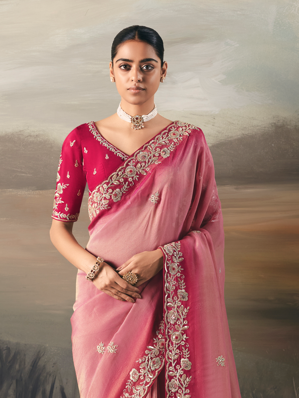 Pink Embroidered Designer Organza Silk Saree With Contrast Blouse