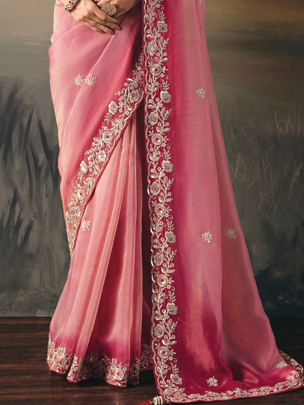 Pink Embroidered Designer Organza Silk Saree With Contrast Blouse